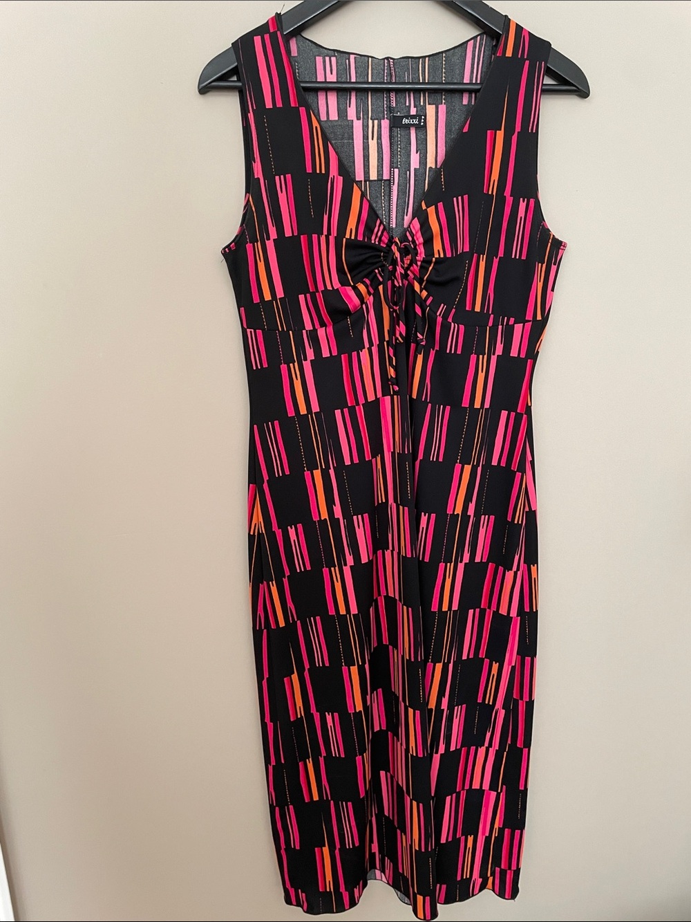 2000s Trixxi Black Midi Dress with Pink & Orange Stripe Print 90s vintage Y2K